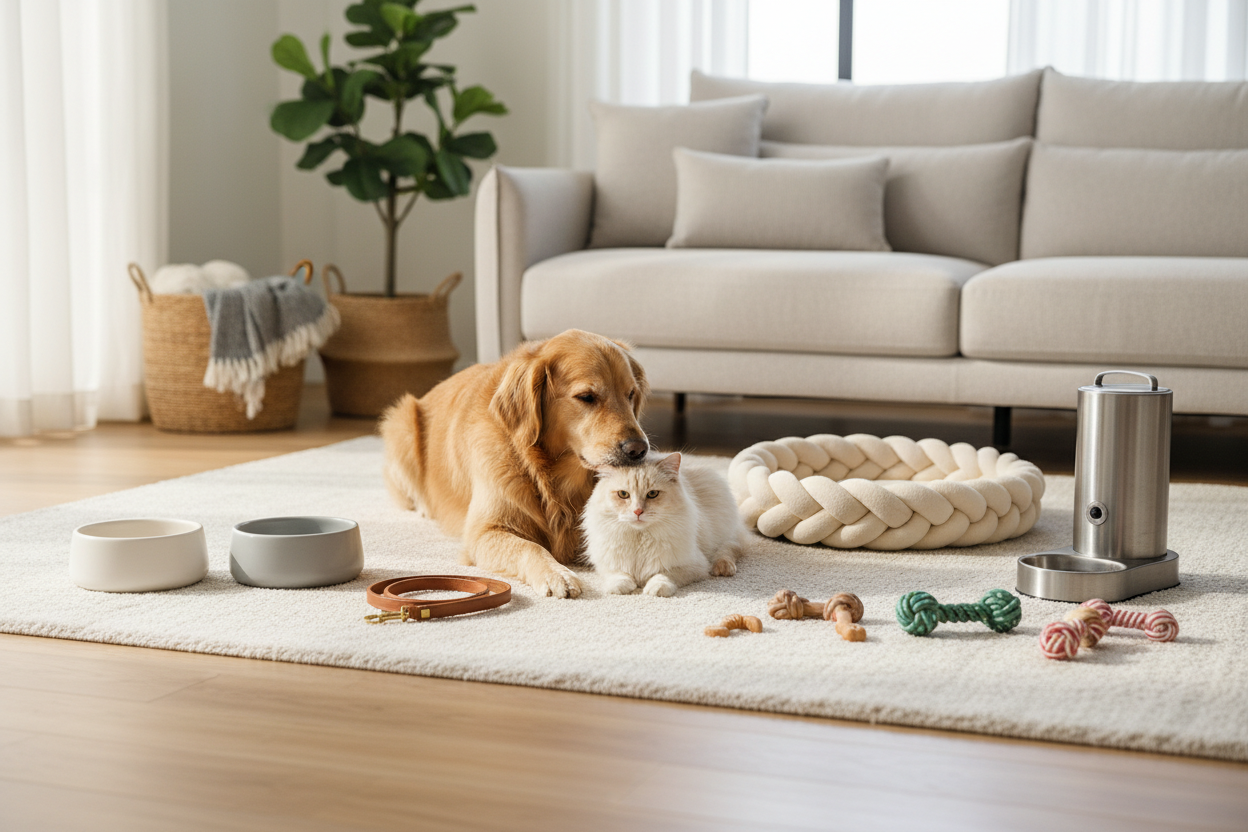 Dog and cat relaxing with pet accessories