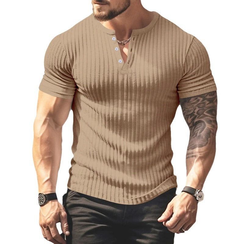 Men's Short Sleeve Top Sunken Stripe V-neck Slim Fit Henley T-shirt Siqur Salute