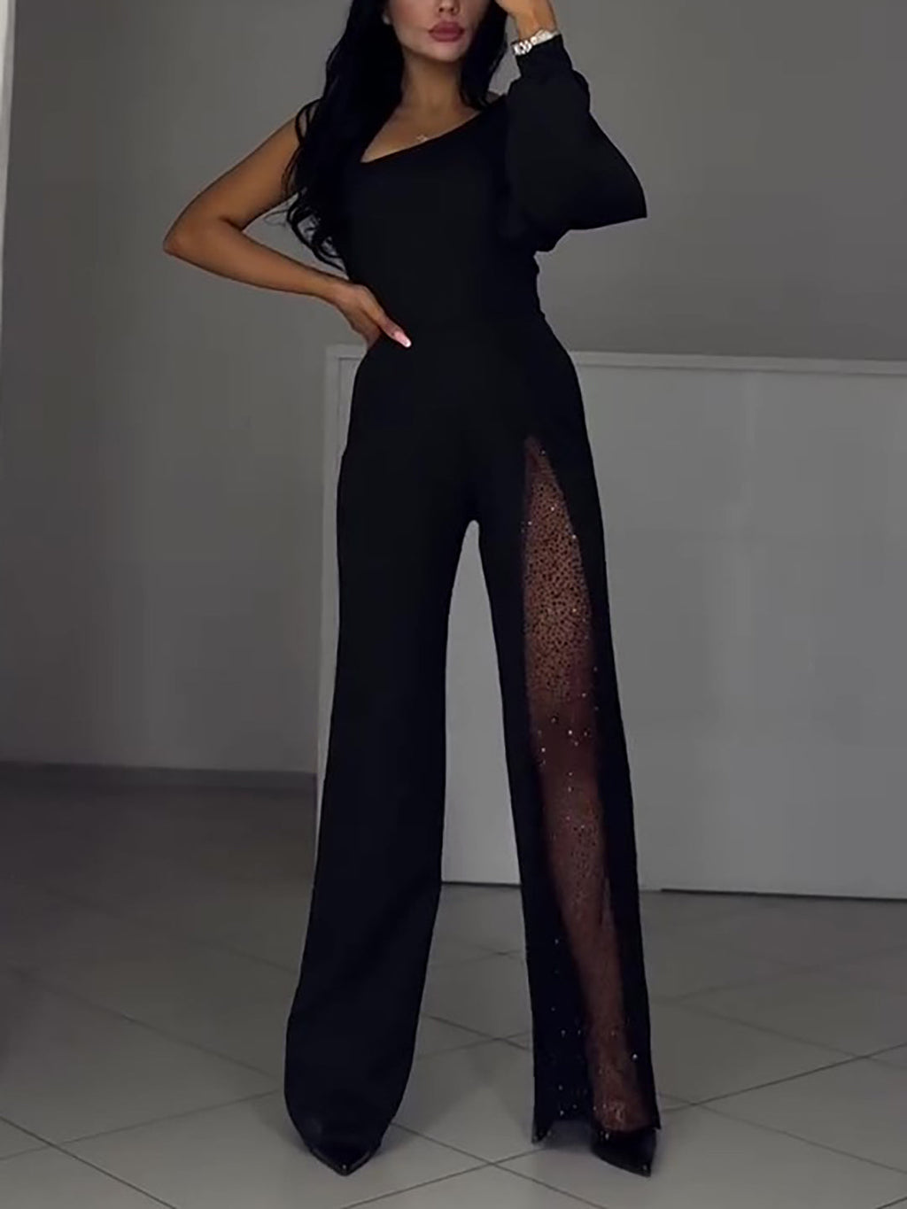 Single Sleeve Patchwork Mesh Jumpsuit Clarke Vibe Store