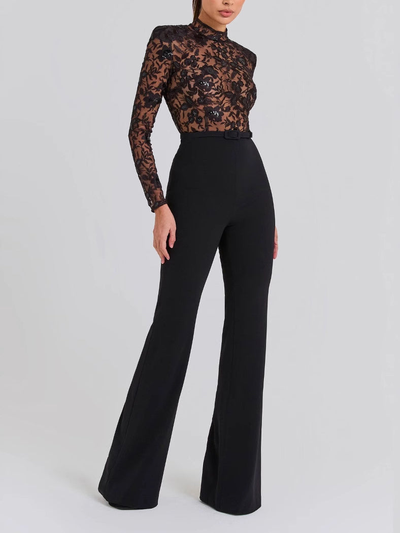 Black See-through Lace Long-sleeved Trousers Jumpsuit Clarke Vibe Store