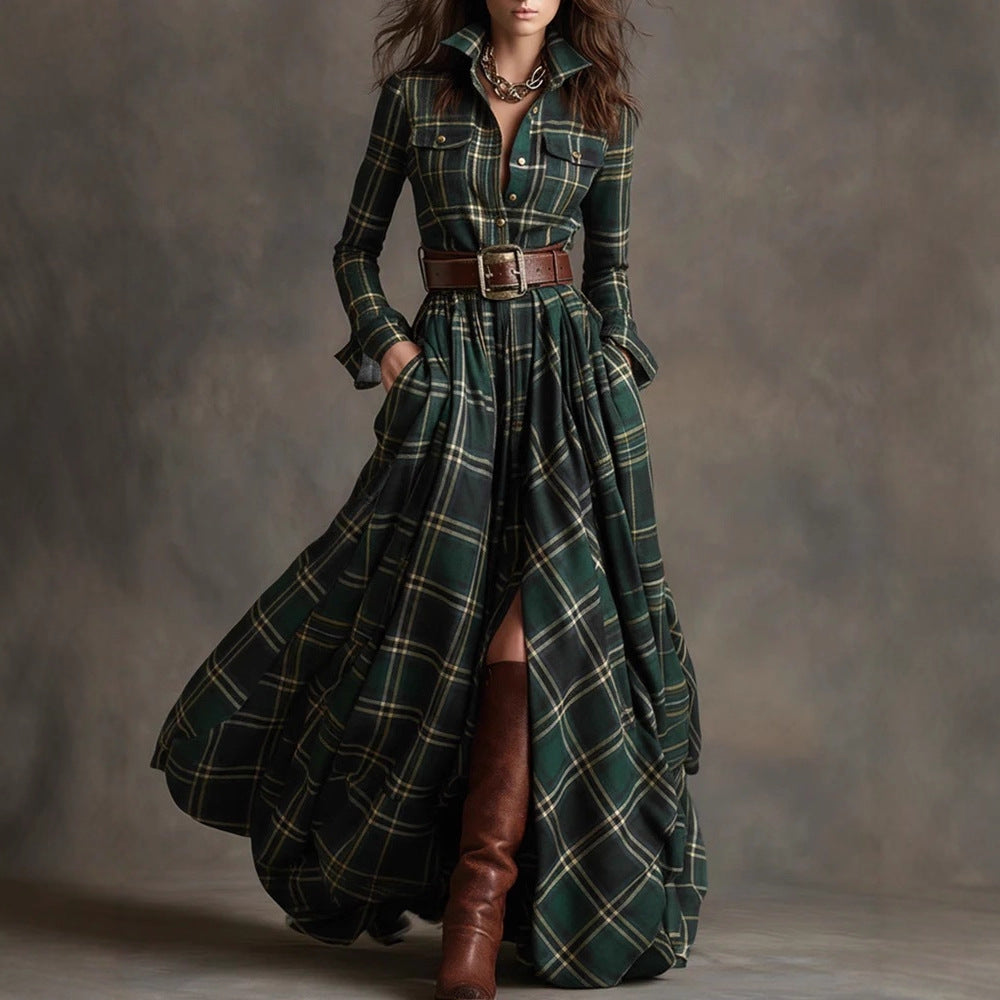Ins Plaid Print Long-Sleeved Dress Fashion Pockets Collared Buttons Shirt Long Dresses Retro Women's Clothing Siqur Salute