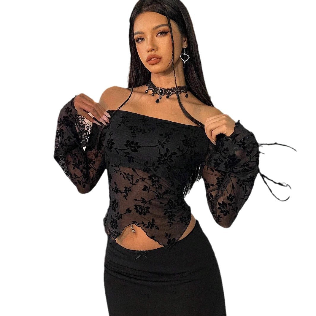Womens Solid-Color Elegant Floral Mesh Off-the-Shoulder Flare-Sleeve Top Clarke Vibe Store
