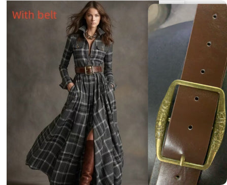 Ins Plaid Print Long-Sleeved Dress Fashion Pockets Collared Buttons Shirt Long Dresses Retro Women's Clothing Siqur Salute