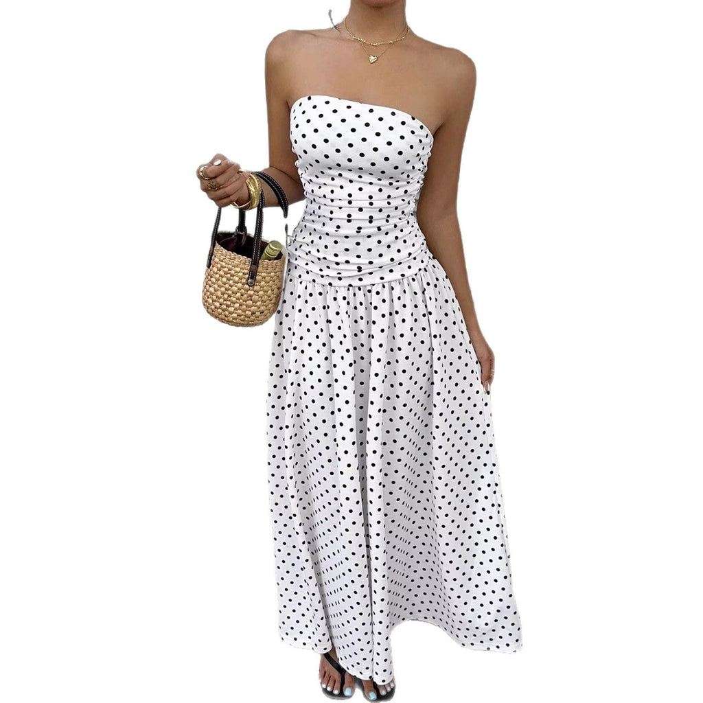 Off-the-shoulder Polka-dot A-line Waist-cinched Figure-flattering Dress Clarke Vibe Store