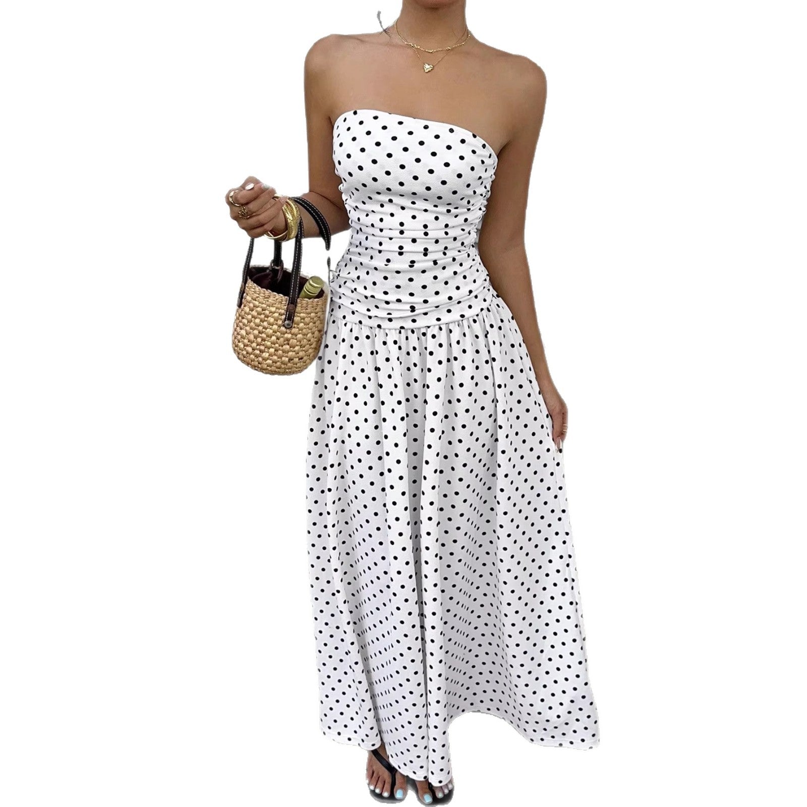 Off-the-shoulder Polka-dot A-line Waist-cinched Figure-flattering Dress Clarke Vibe Store