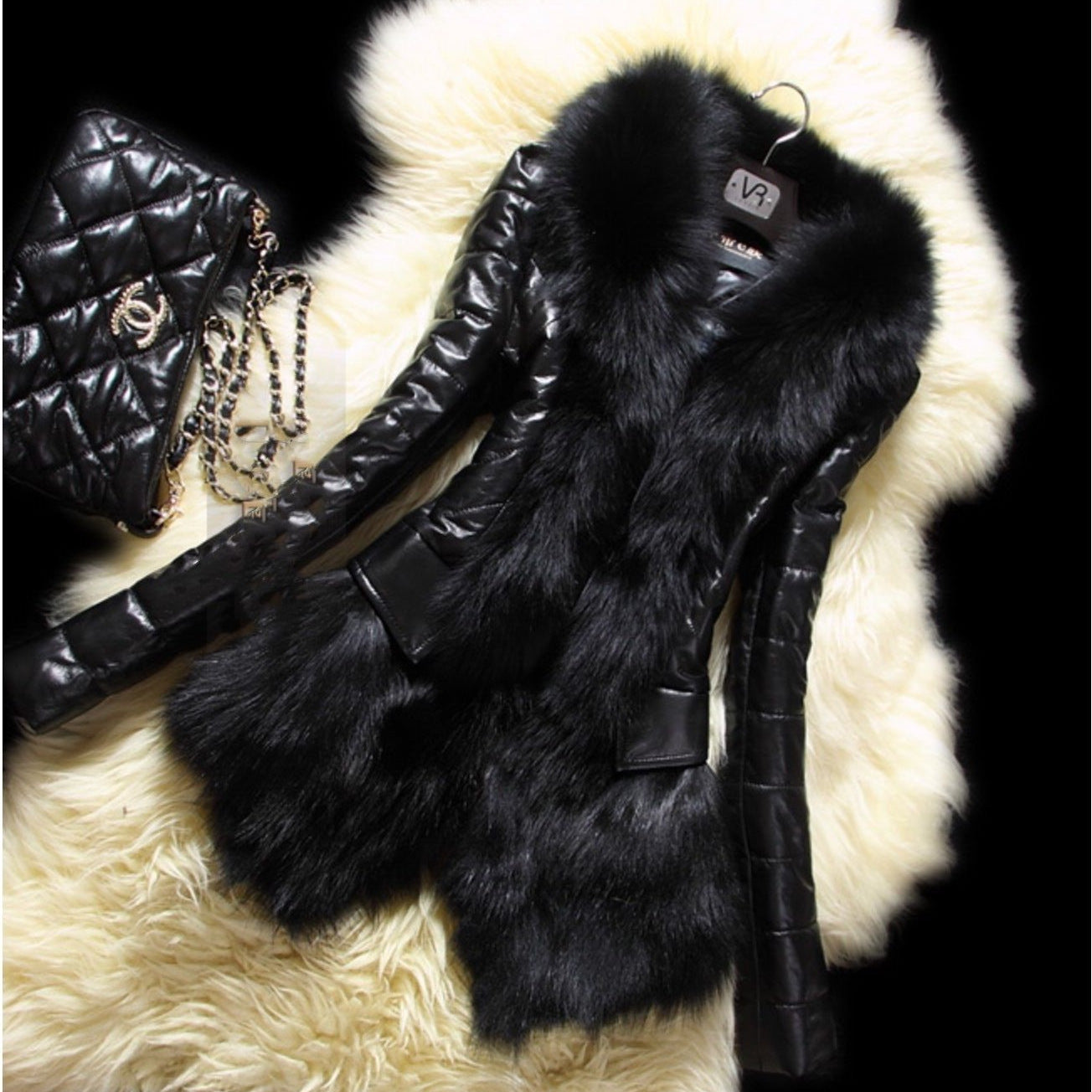 Faux fur large fur collar leather jacket Clarke Vibe Store