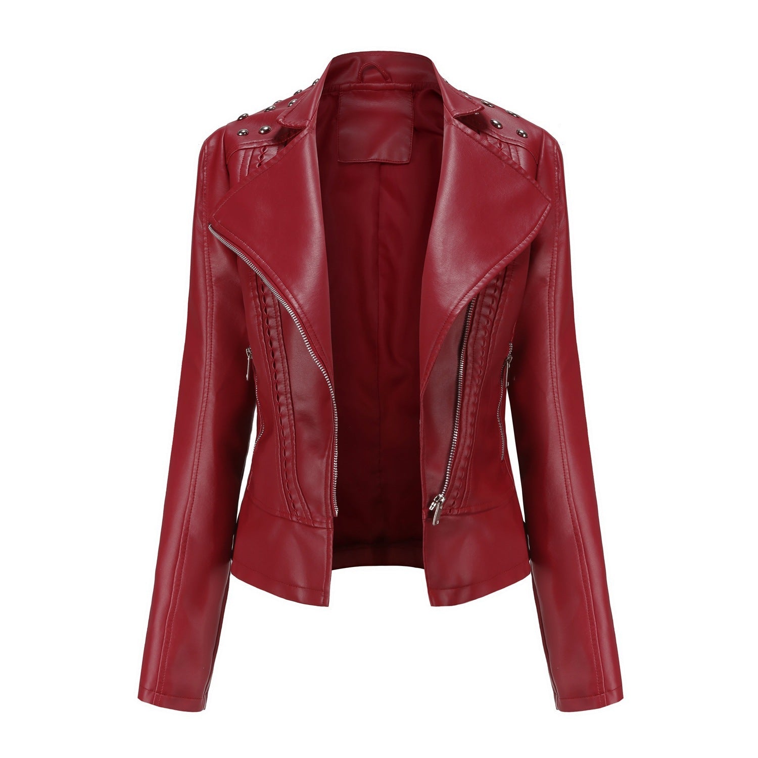Beaded Leather Women's Long-sleeved Fashion Jacket Lapel Motorcycle Clothing Thin Women's Jacket Clarke Vibe Store