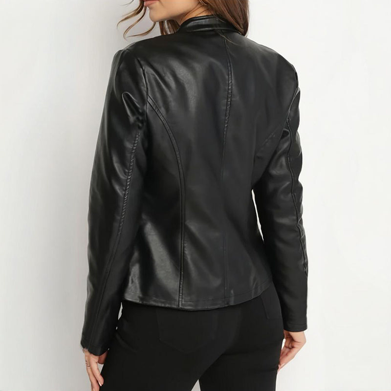 Women's Solid Color Long Sleeve Stand Collar Faux Leather Blazer - Single Button Zippered Jacket For Fall&Winter Clarke Vibe Store