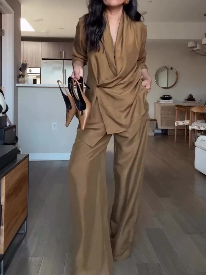 Wrap-style Satin Blouse And Wide-leg Pants Set Clarke Vibe Store