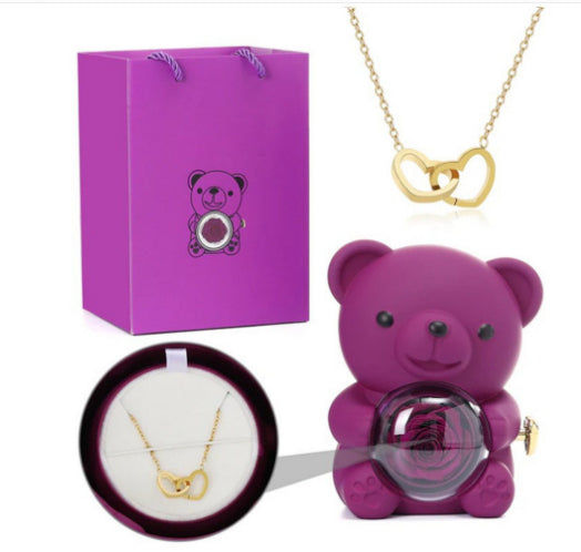 Eternal Rose Teddy Bear Gifts Box With Necklace Rotate Rose Jewelry Box Valentine Wedding Storage Gift Case For Women Girlfriend Clarke Vibe Store