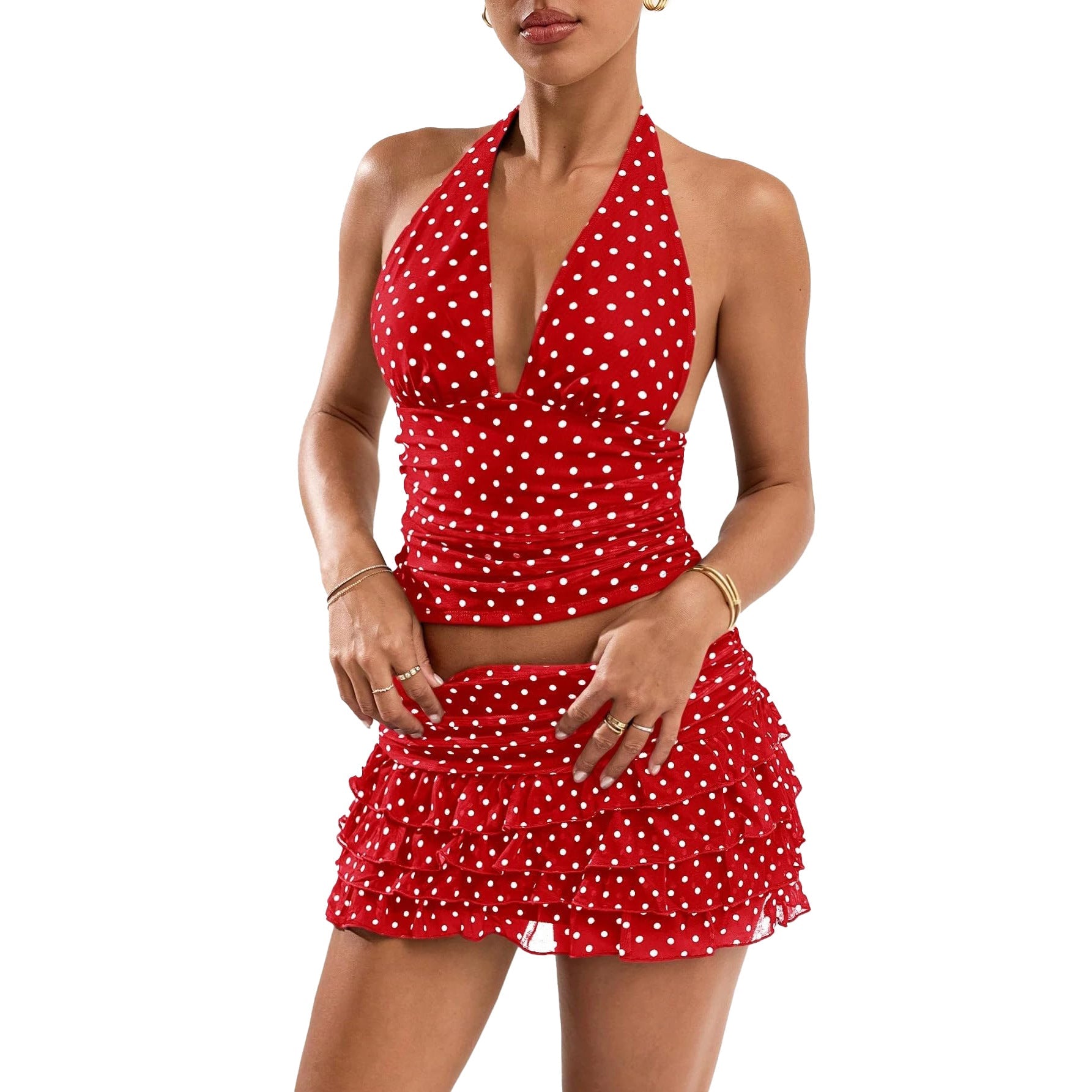 Polka-dot Printed Halterneck Vest And Ruffled Hem Mini Skirt Set Clarke Vibe Store