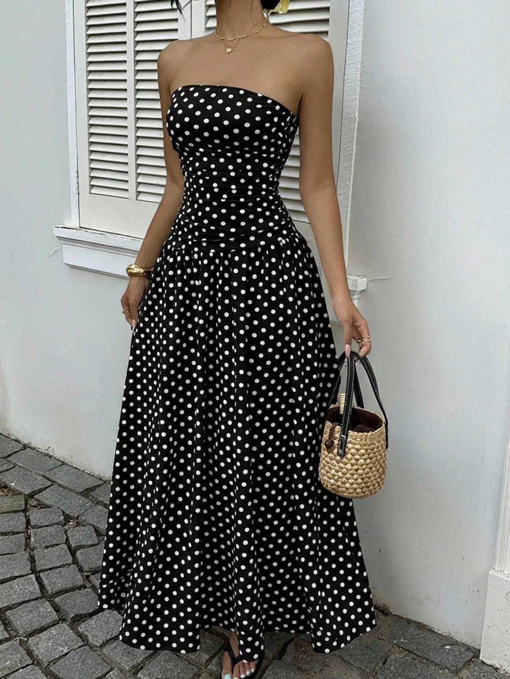 Off-the-shoulder Polka-dot A-line Waist-cinched Figure-flattering Dress Clarke Vibe Store