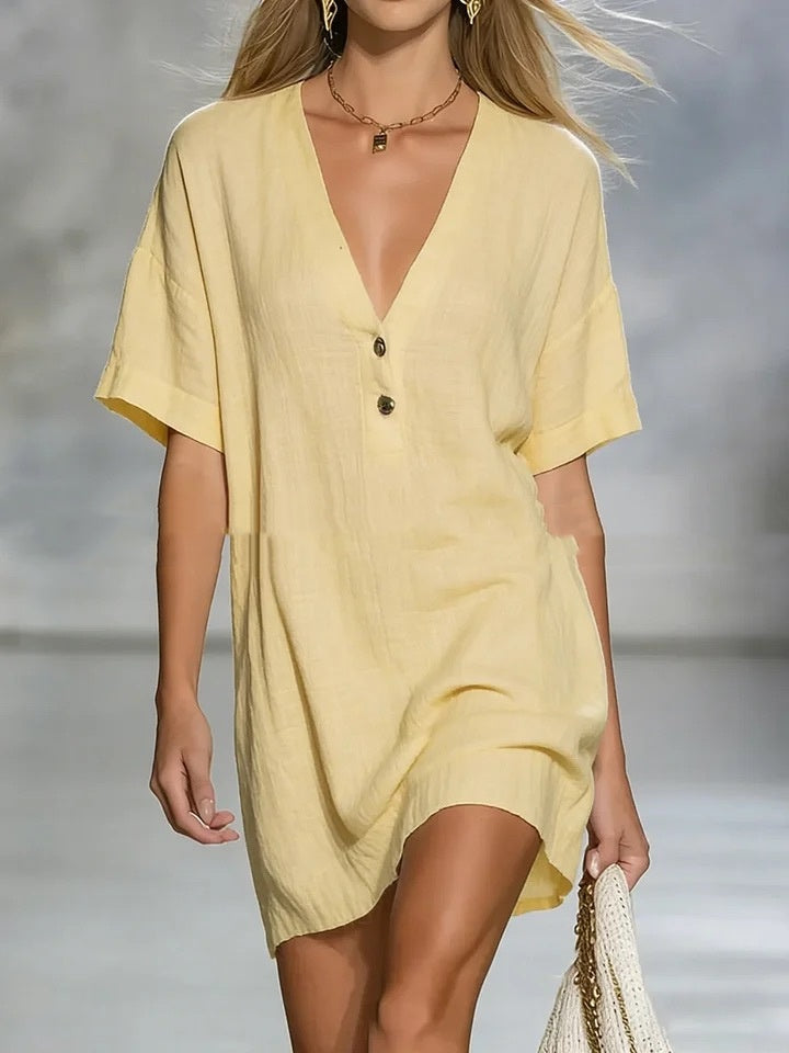 Short-Sleeve V-Neck Cotton-Linen Loose Dress Clarke Vibe Store