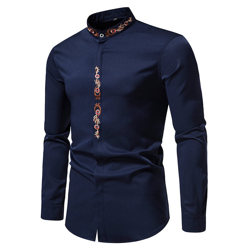 Mens Fashion Embroidered Casual Long-Sleeve Shirt Siqur Salute