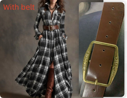 Ins Plaid Print Long-Sleeved Dress Fashion Pockets Collared Buttons Shirt Long Dresses Retro Women's Clothing Siqur Salute