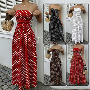 Off-the-shoulder Polka-dot A-line Waist-cinched Figure-flattering Dress Clarke Vibe Store