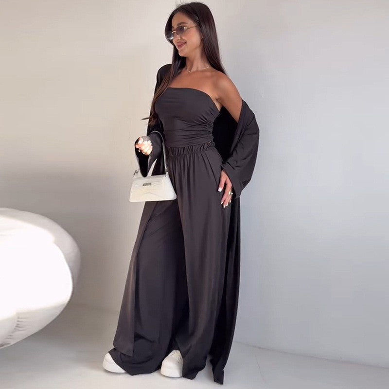 Casual Mid-calf Top Vest Long Cardigan Wide-leg Pants Three-piece Set Clarke Vibe Store