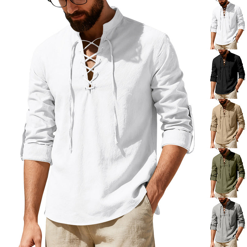 Mens Casual Long-sleeve Linen Henley Shirt Clarke Vibe Store