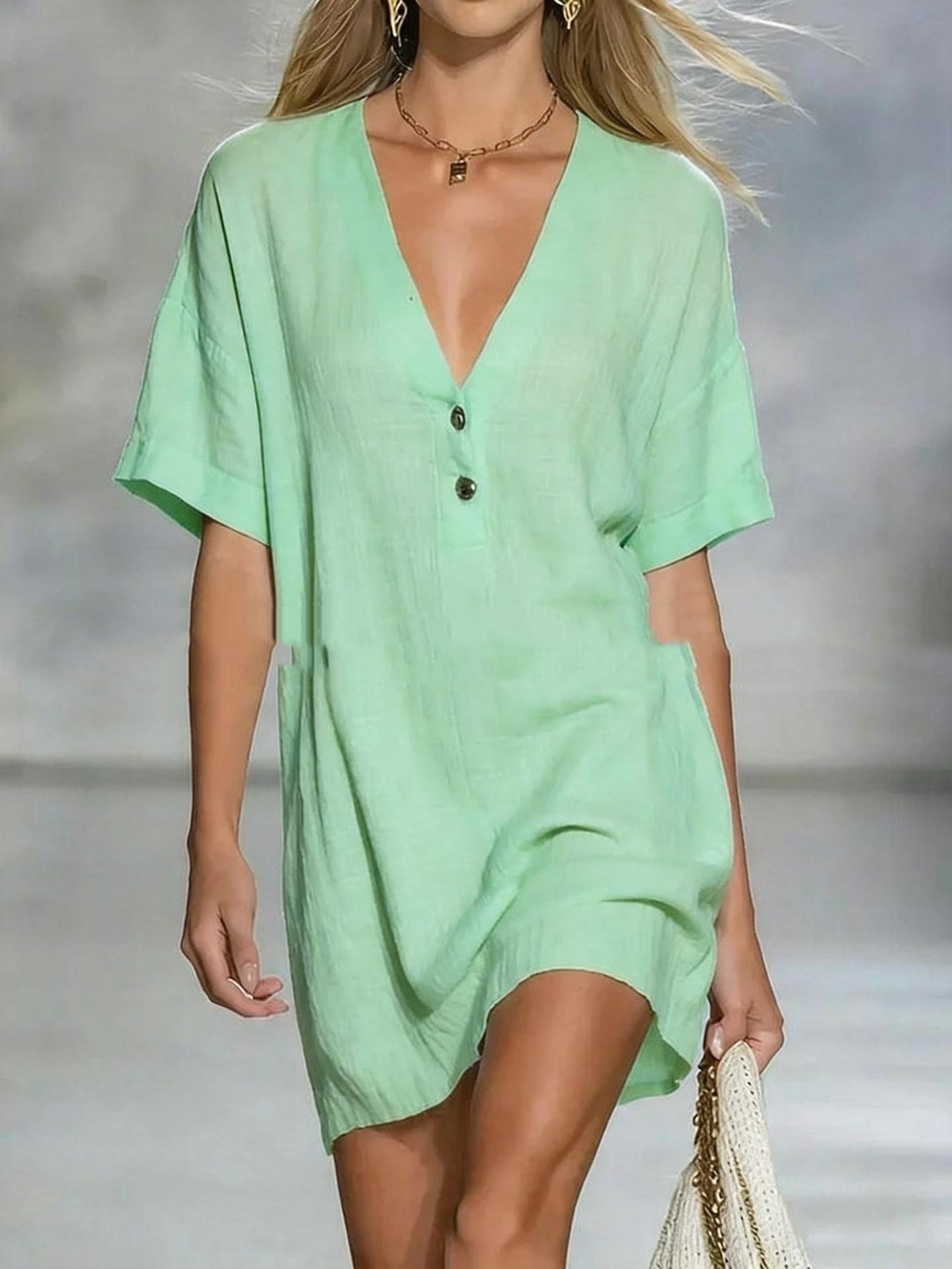Short-Sleeve V-Neck Cotton-Linen Loose Dress Clarke Vibe Store