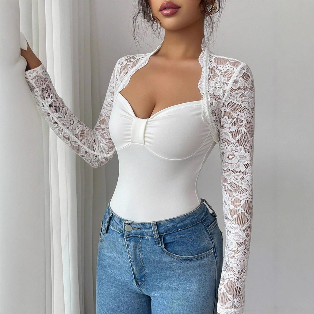Womens Solid-Color Lace-Panel Knitted Long-Sleeve Slim-Fit T-Shirt Clarke Vibe Store