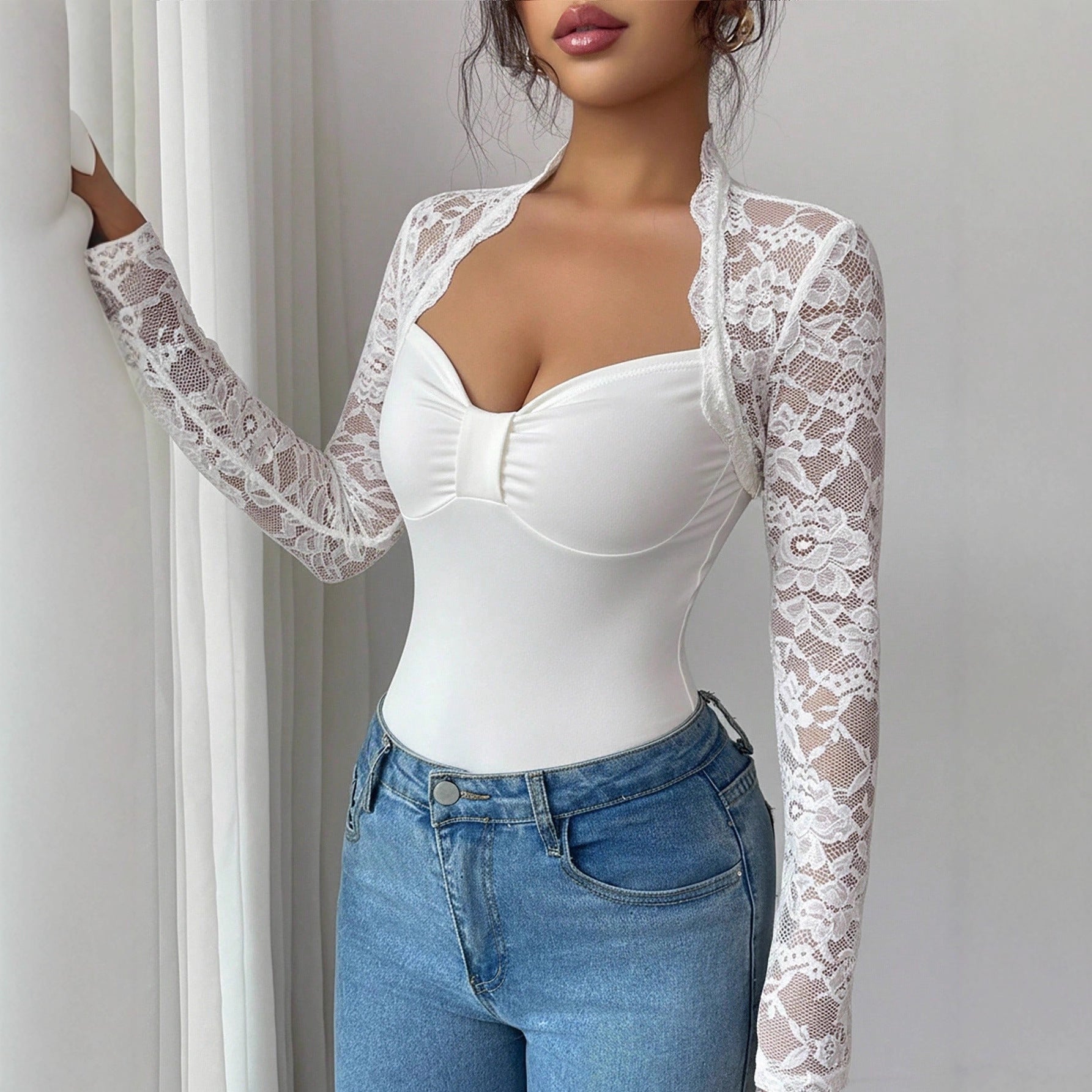 Womens Solid-Color Lace-Panel Knitted Long-Sleeve Slim-Fit T-Shirt Clarke Vibe Store