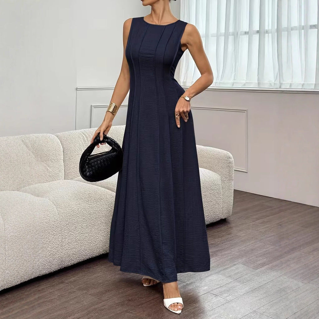 Womens Sleeveless Crew-Neck Pleated Elegant Stylish Maxi Dress Clarke Vibe Store