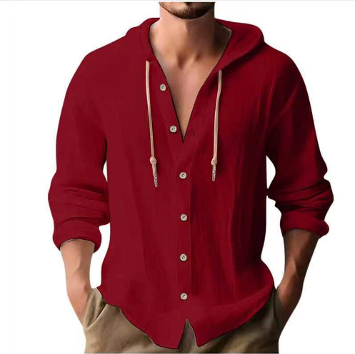 Cotton And Linen Shirt Hooded Sweater Button Long Sleeve Clarke Vibe Store