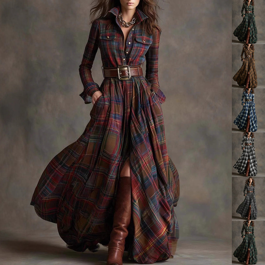 Ins Plaid Print Long-Sleeved Dress Fashion Pockets Collared Buttons Shirt Long Dresses Retro Women's Clothing Siqur Salute