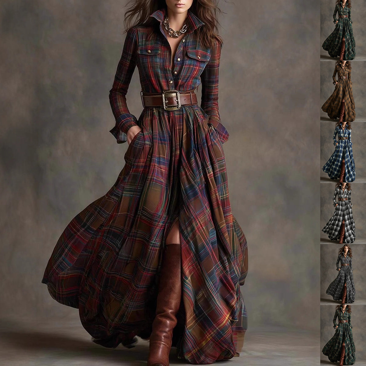Ins Plaid Print Long-Sleeved Dress Fashion Pockets Collared Buttons Shirt Long Dresses Retro Women's Clothing Siqur Salute