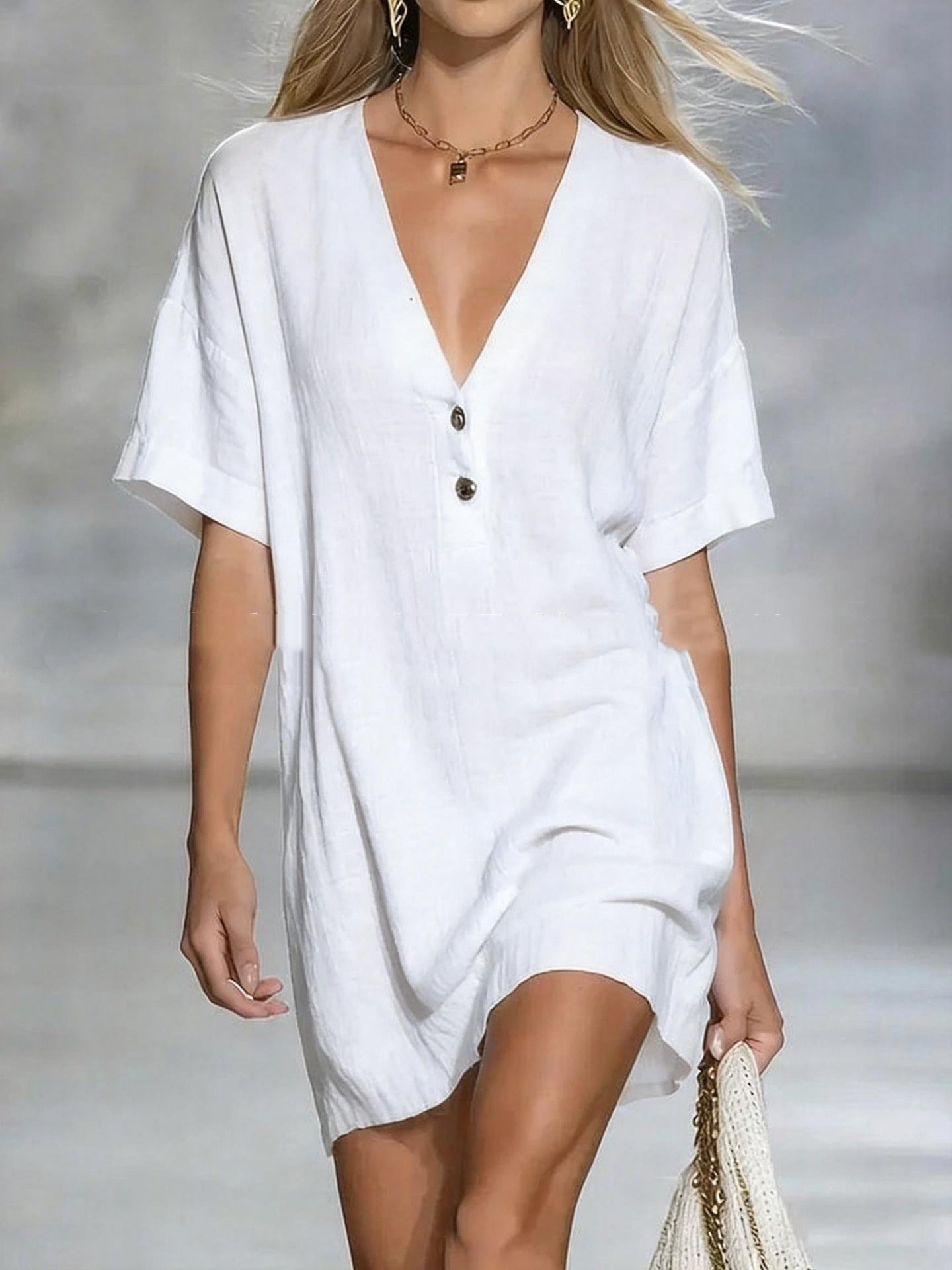 Short-Sleeve V-Neck Cotton-Linen Loose Dress Clarke Vibe Store