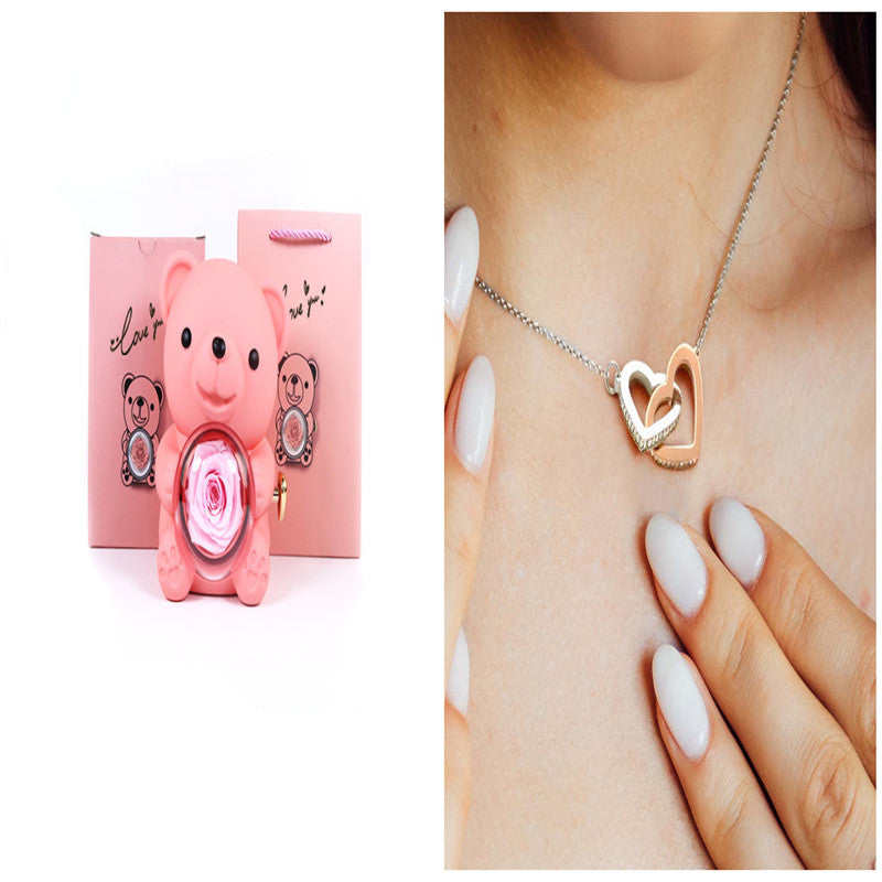 Eternal Rose Teddy Bear Gifts Box With Necklace Rotate Rose Jewelry Box Valentine Wedding Storage Gift Case For Women Girlfriend Clarke Vibe Store
