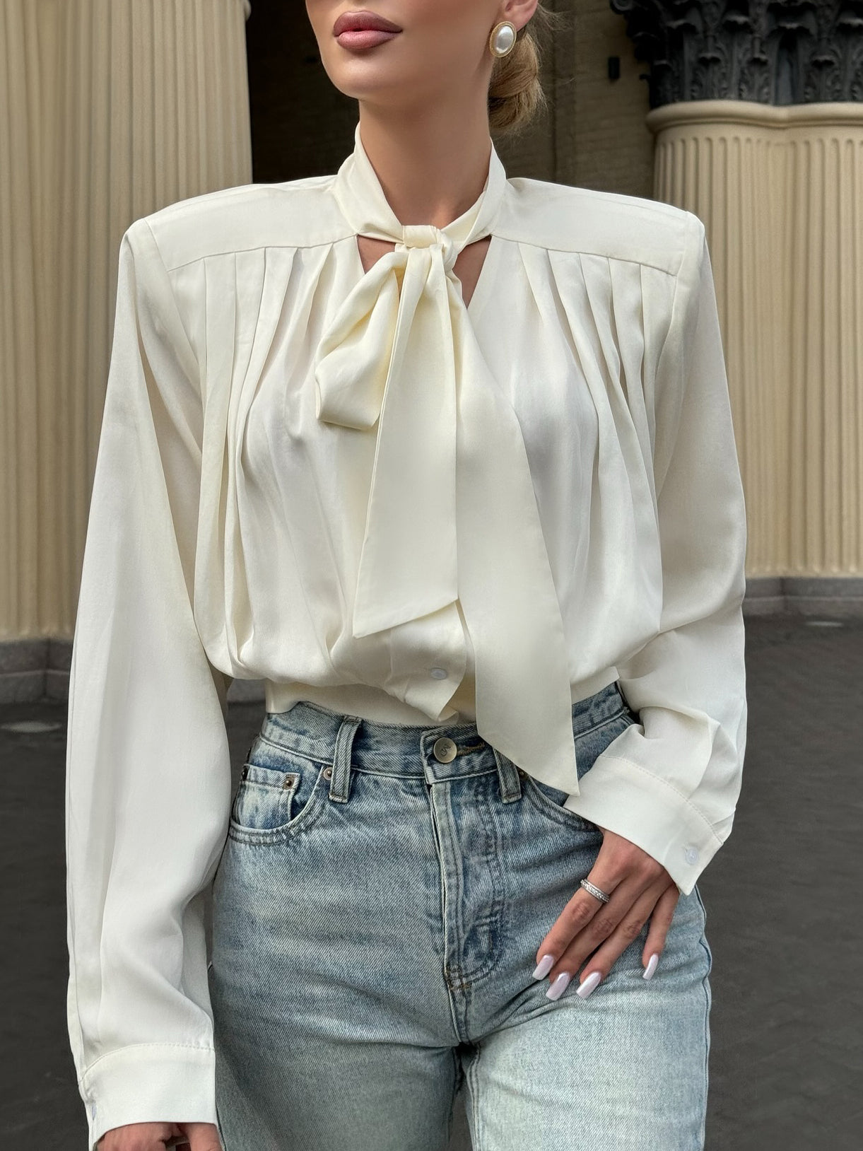 Solid Color Lace-up Long-sleeved Blouse Clarke Vibe Store