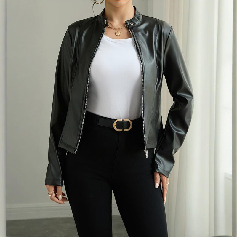 Women's Solid Color Long Sleeve Stand Collar Faux Leather Blazer - Single Button Zippered Jacket For Fall&Winter Clarke Vibe Store