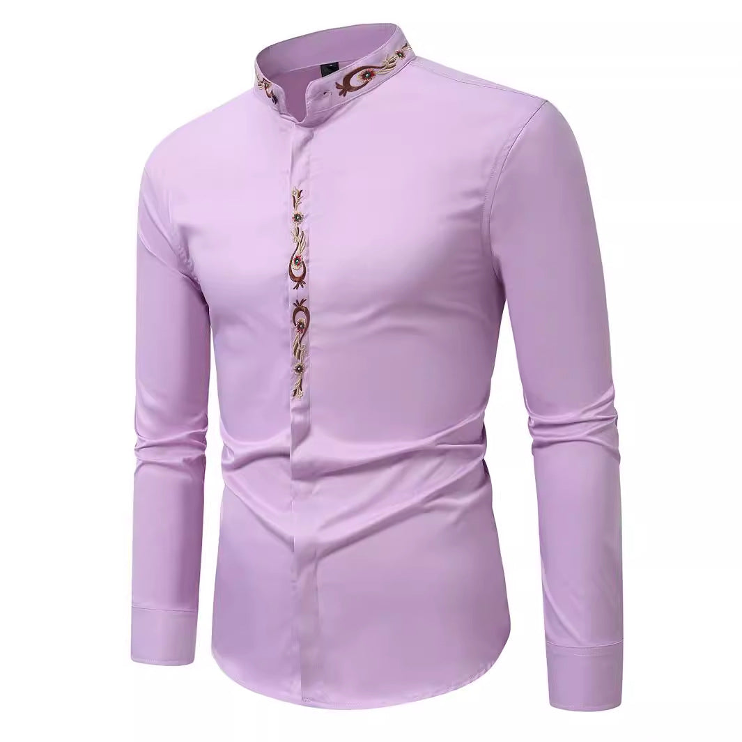 Mens Fashion Embroidered Casual Long-Sleeve Shirt Siqur Salute