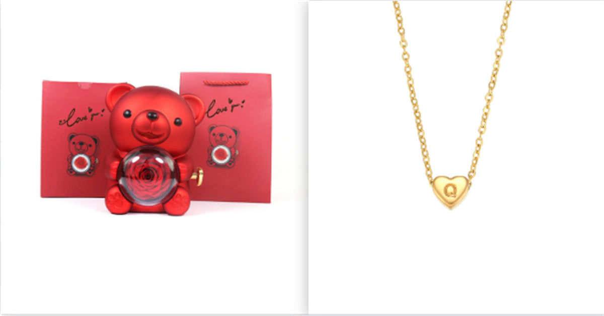 Eternal Rose Teddy Bear Gifts Box With Necklace Rotate Rose Jewelry Box Valentine Wedding Storage Gift Case For Women Girlfriend Clarke Vibe Store