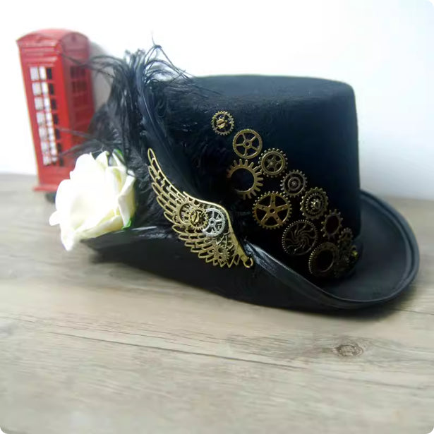 Retro Steampunk Ball Gatsby Hat With Winged Feathers Siqur Salute