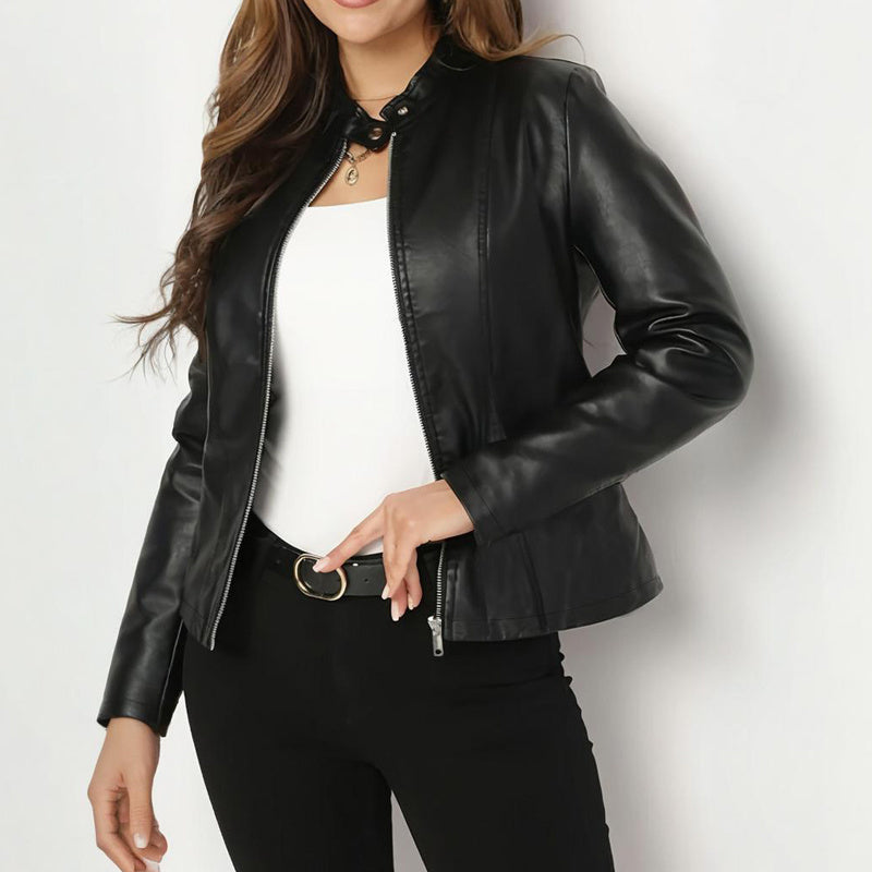 Women's Solid Color Long Sleeve Stand Collar Faux Leather Blazer - Single Button Zippered Jacket For Fall&Winter Clarke Vibe Store