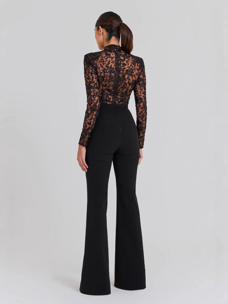 Black See-through Lace Long-sleeved Trousers Jumpsuit Clarke Vibe Store