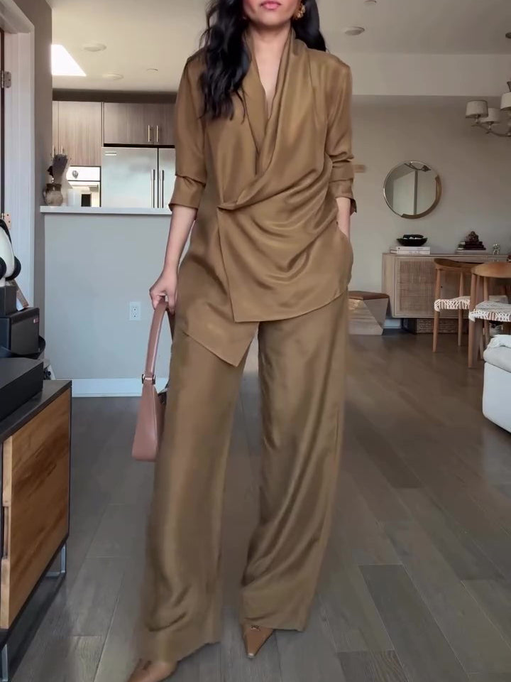Wrap-style Satin Blouse And Wide-leg Pants Set Clarke Vibe Store
