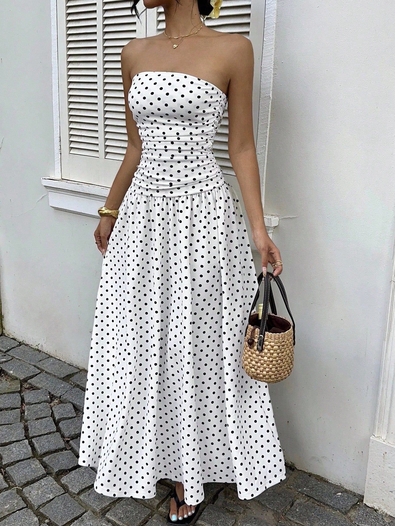 Off-the-shoulder Polka-dot A-line Waist-cinched Figure-flattering Dress Clarke Vibe Store