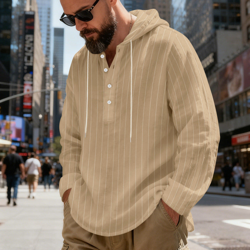 Mens Loose-Fit Plus-Size Casual Linen Striped Hooded Shirt Siqur Salute