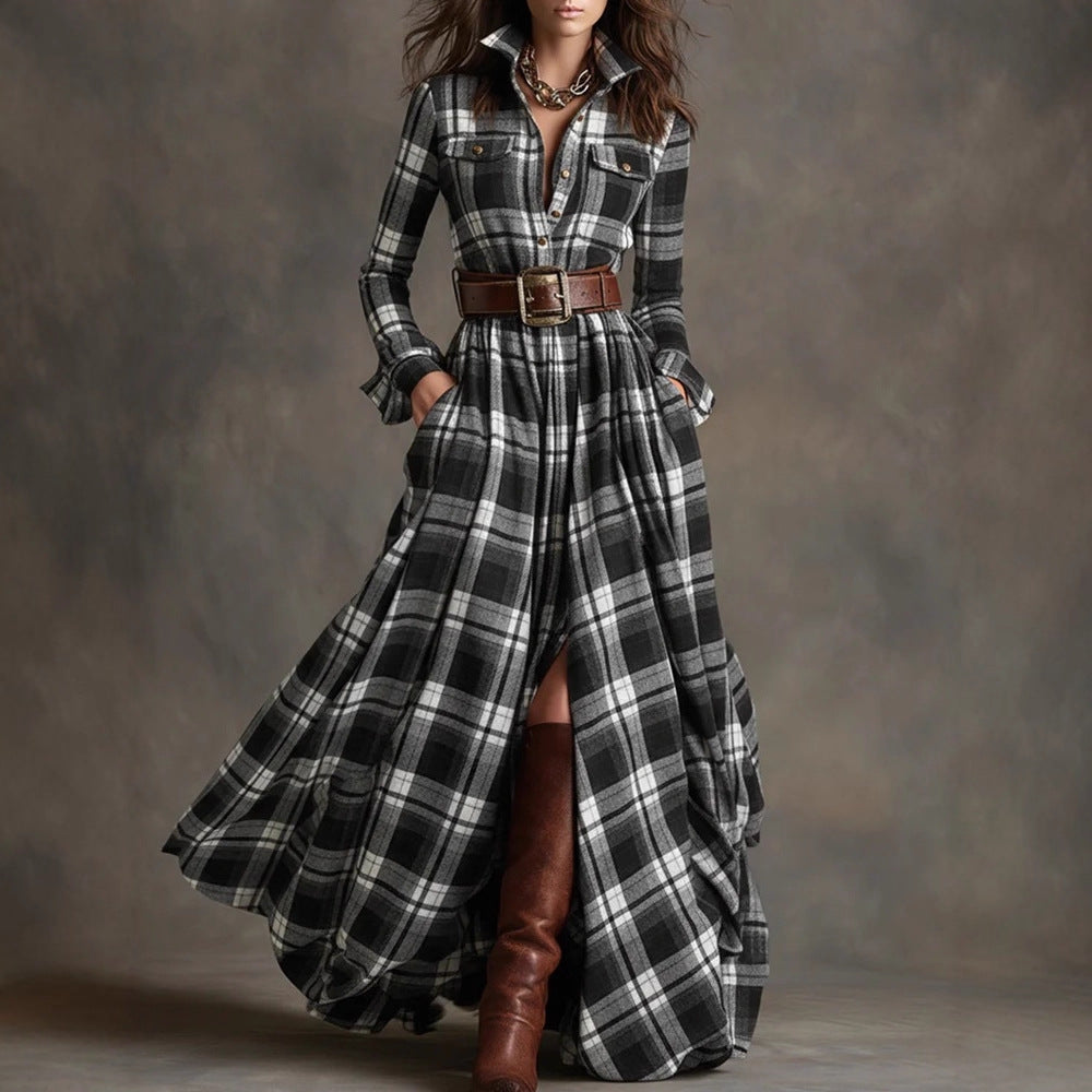 Ins Plaid Print Long-Sleeved Dress Fashion Pockets Collared Buttons Shirt Long Dresses Retro Women's Clothing Siqur Salute