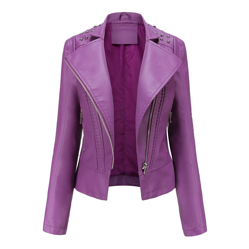 Beaded Leather Women's Long-sleeved Fashion Jacket Lapel Motorcycle Clothing Thin Women's Jacket Clarke Vibe Store