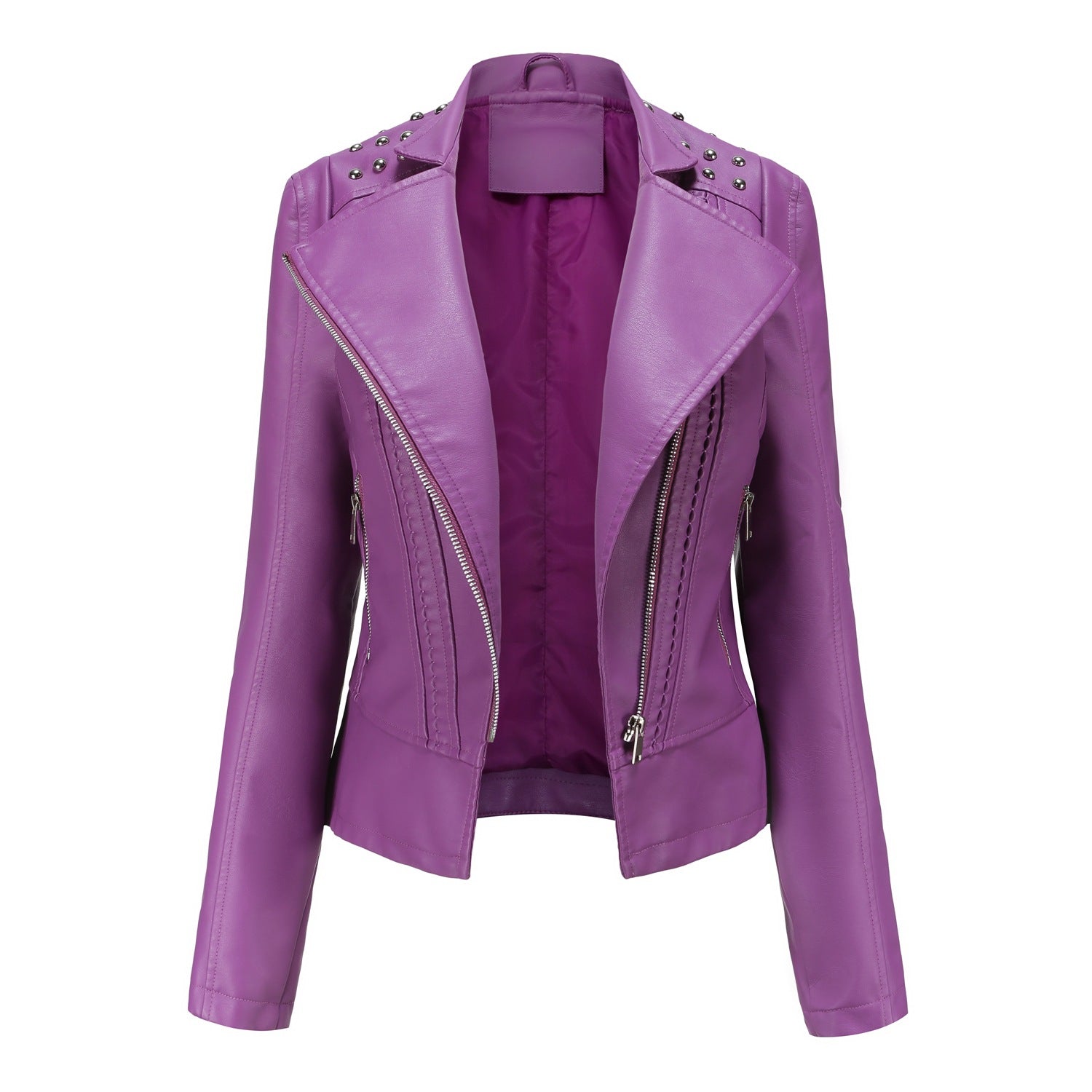 Beaded Leather Women's Long-sleeved Fashion Jacket Lapel Motorcycle Clothing Thin Women's Jacket Clarke Vibe Store