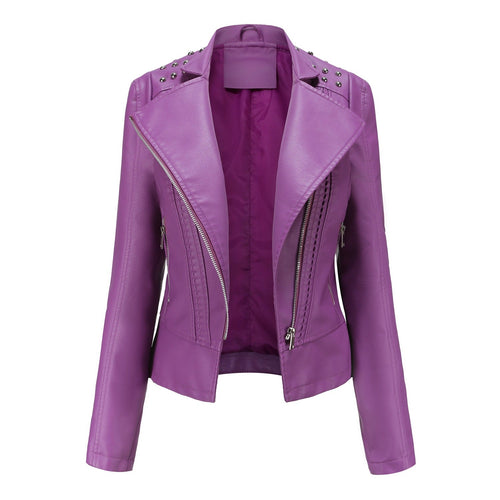 Beaded Leather Women's Long-sleeved Fashion Jacket Lapel Motorcycle Clothing Thin Women's Jacket Clarke Vibe Store
