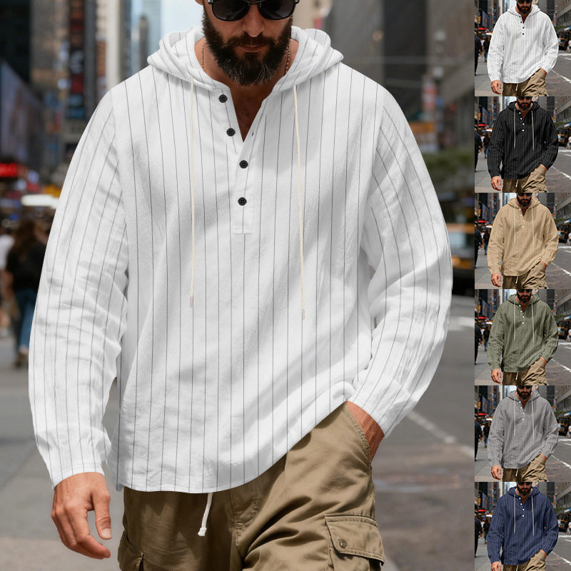 Mens Loose-Fit Plus-Size Casual Linen Striped Hooded Shirt Siqur Salute