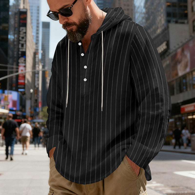 Mens Loose-Fit Plus-Size Casual Linen Striped Hooded Shirt Siqur Salute