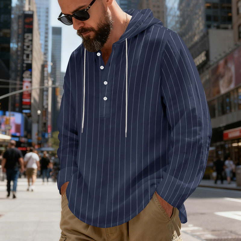Mens Loose-Fit Plus-Size Casual Linen Striped Hooded Shirt Siqur Salute