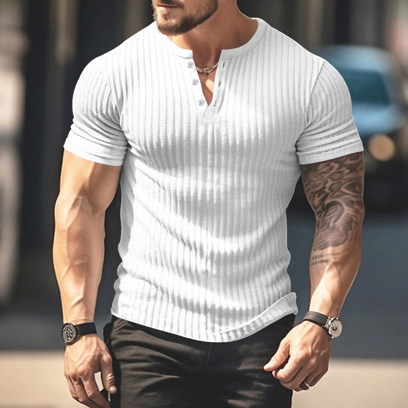 Men's Short Sleeve Top Sunken Stripe V-neck Slim Fit Henley T-shirt Siqur Salute