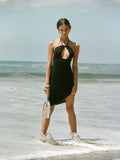 Womens Solid-Color Backless Hollow-Out Halter Dress Clarke Vibe Store